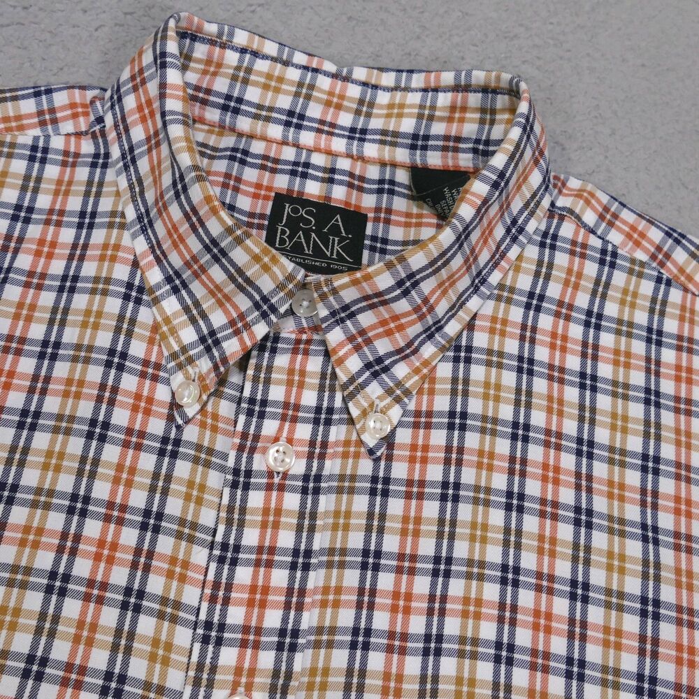 Jos A Bank Dress Shirt Mens XL Blue Orange Plaid Button Up Long Sleeve